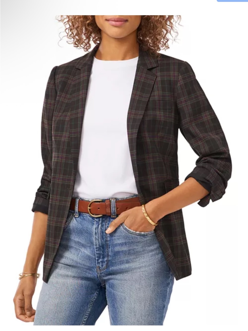 VINCE CAMUTO-Women’s Brown-black Plaid Blazer - Classic Open-Front Jacket